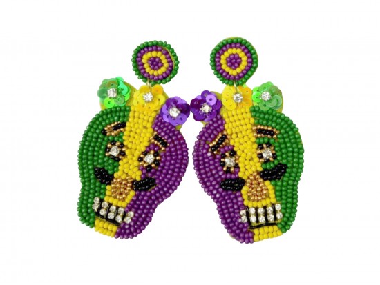 Mardi Gras Seed Bead Skull Dangle Post Earrings