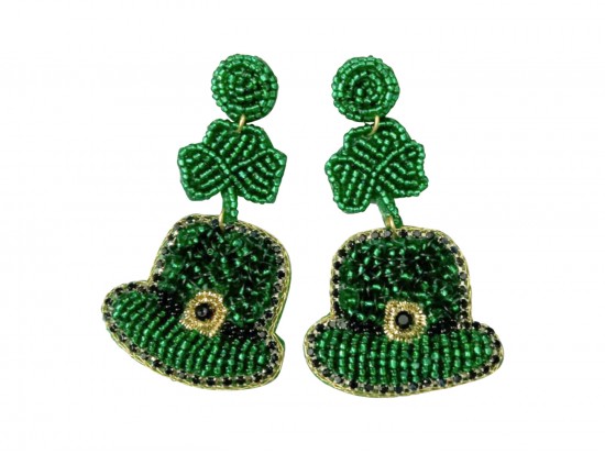 Green Seed Bead Clover Hat Post Earrings