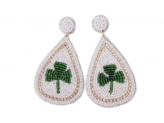 White Green Seed Bead Teardrop Clover Post Earrings