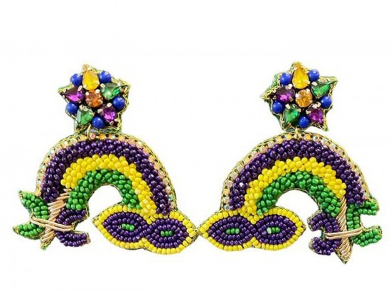 Mardi Gras Seed Bead Rainbow Mask Post Earrings Mardi Gras Seed Bead Rainbow Mask Post Earrings