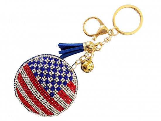 USA Flag Crystal Round Puffy Keychain