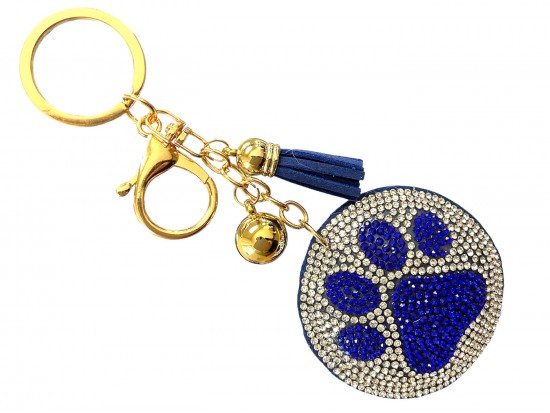 Blue Paw Print Crystal Round Puffy Keychain