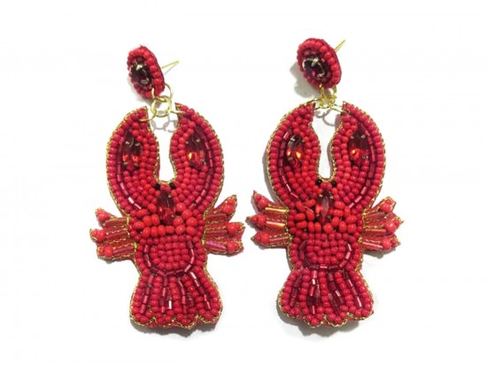 Red Seed Bead Crawfish Dangle Post Earrings