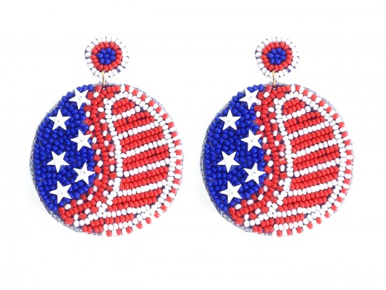 USA Flag Round Seed Bead Post Earrings
