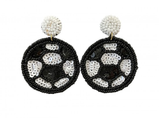 Black White Seed Bead Sequin Soccer Post Earrings