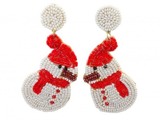 White Snowman X-mas Seed Bead Post Earrings