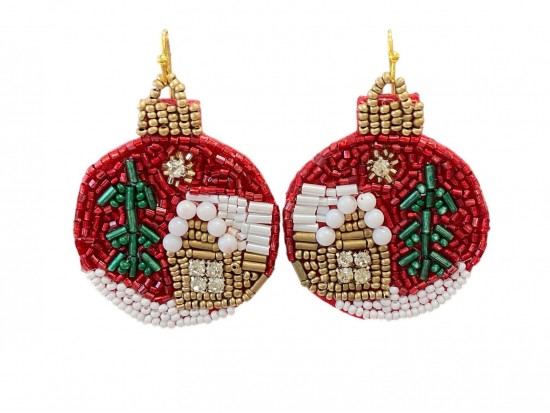 Red Xmas Ornament Seed Bead Post Earrings