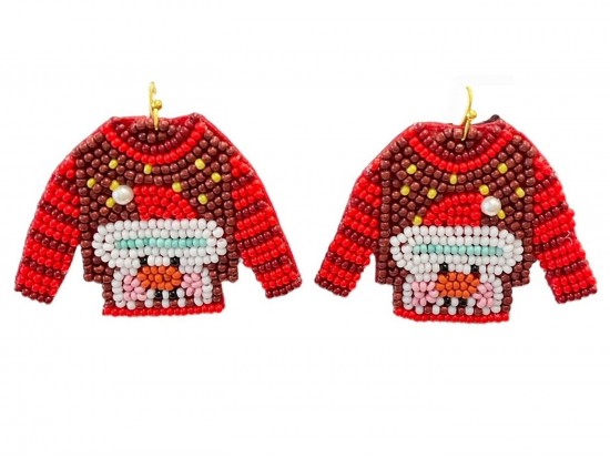 Red Xmas Sweater Seed Bead Post Earrings