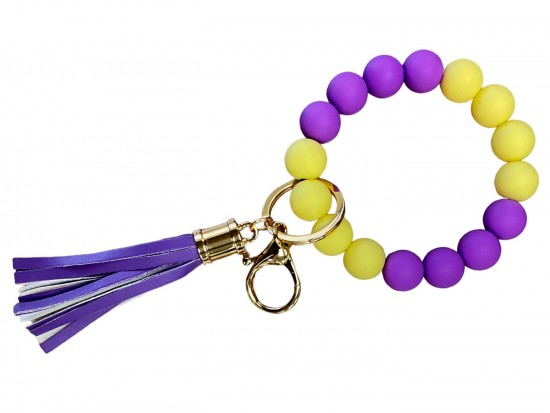 Purple Yellow Silicone Bead Tassel Bracelet Keychain
