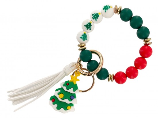 Xmas Tree Silicone Bead Bracelet Keychain