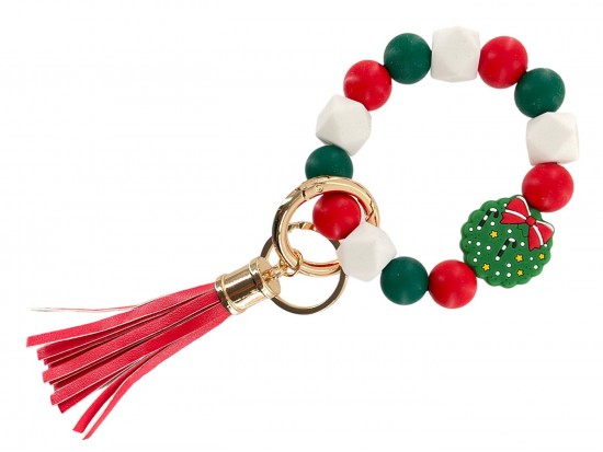 Xmas Wreath Bead Silicone Bracelet Keychain