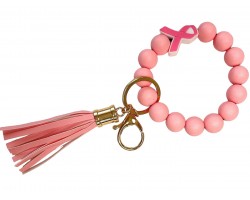 Pink Cancer Ribbon Bead Silicone Bracelet Keychain