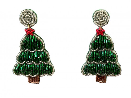 Green Seed Bead Christmas Tree Hook Earrings
