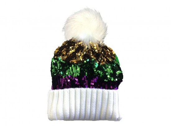 Mardi Gras Sequin White Puff Ball Beanie Cap