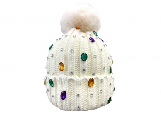 Mardi Gras Crystal White Puff Ball Beanie Cap Mardi Gras Crystal White Puff Ball Beanie Cap