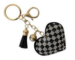 Black White Crystal Checker Pattern Heart Puffy Key Chain