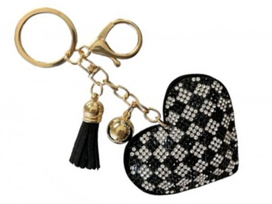 Black White Crystal Checker Pattern Heart Puffy Key Chain Black White Crystal Checker Pattern Heart Puffy Key Chain