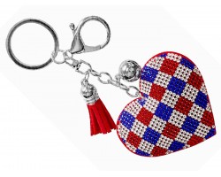 Red White Blue Crystal Checker Pattern Heart Puffy Key Chain