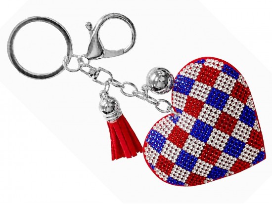 Red White Blue Crystal Checker Pattern Heart Puffy Key Chain Red White Blue Crystal Checker Pattern Heart Puffy Key Chain
