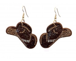 Brown Crystal Cowboy Hat Puffy Hook Earrings