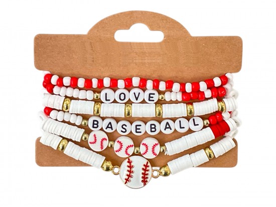 White  Love Baseball Rubber Disc Stretch Bracelet Set