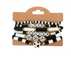White  Love Soccer Rubber Disc Stretch Bracelet Set