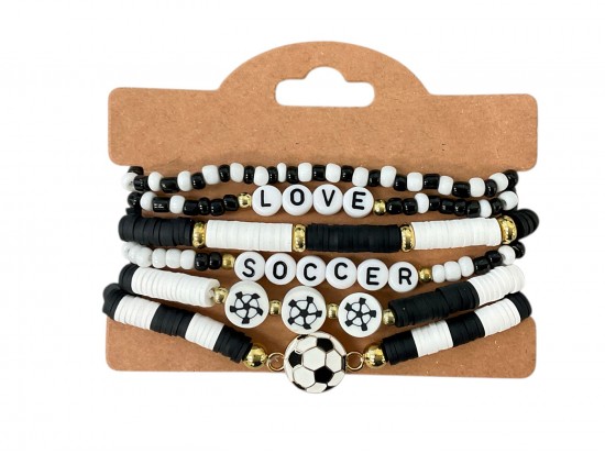 White  Love Soccer Rubber Disc Stretch Bracelet Set