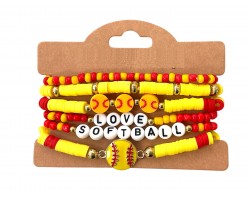 Yellow  Love Softball Rubber Disc Stretch Bracelet Set