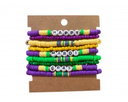 Happy Mardi Gras Rubber Disc Stretch Bracelet Set