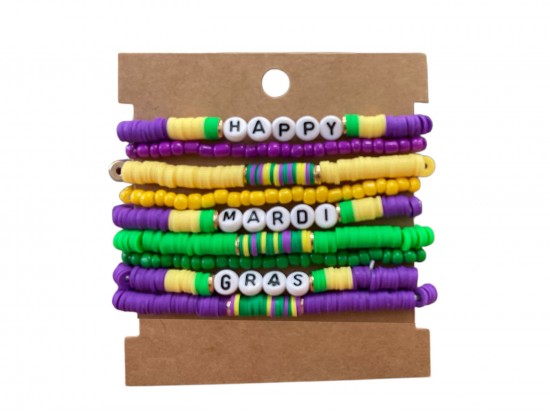 Happy Mardi Gras Rubber Disc Stretch Bracelet Set Happy Mardi Gras Rubber Disc Stretch Bracelet Set