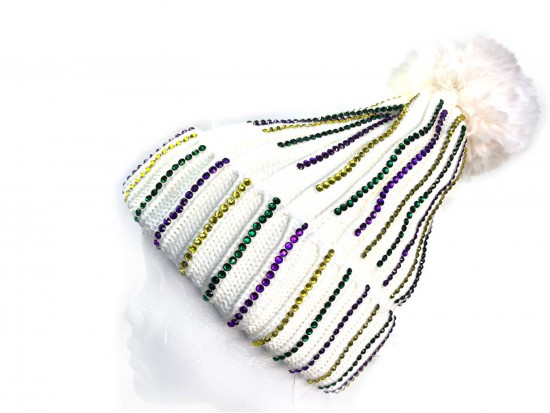 Mardi Gras Crystal White Beanie Cap