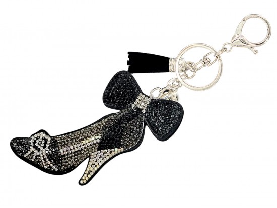 Black Gray Crystal High Heel Shoe Bow Puff Keychain