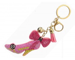 Pink Multi Crystal High Heel Shoe Bow Puff Keychain