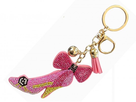 Pink Multi Crystal High Heel Shoe Bow Puff Keychain
