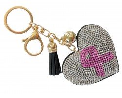 Pink Crystal Cancer Ribbon Heart Puffy Keychain
