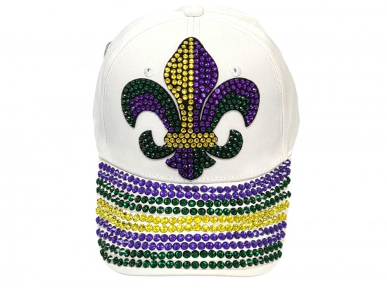Mardi Gras Crystal Fleur De Lis White Ball Cap Mardi Gras Crystal Fleur De Lis White Ball Cap