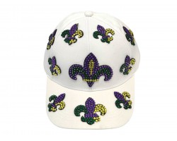 Mardi Gras Crystal Scatter Fleur De Lis White Ball Cap