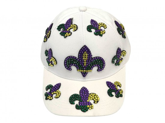 Mardi Gras Crystal Scatter Fleur De Lis White Ball Cap Mardi Gras Crystal Scatter Fleur De Lis White Ball Cap