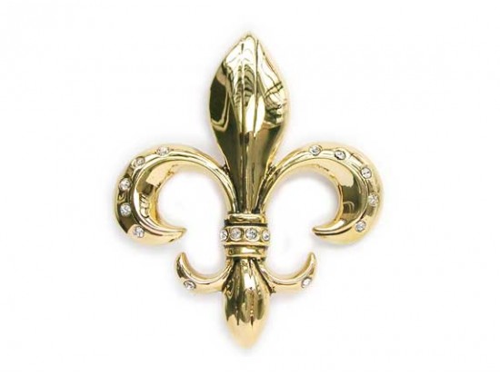 Gold Plate Brooch with Clear Crystal Large Fleur De Lis
