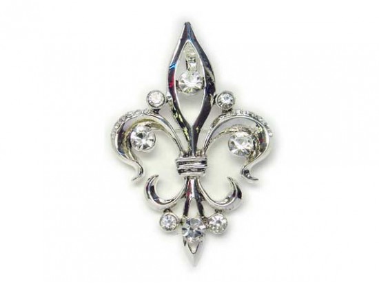 Silver & Clear Crystal Fleur De Lis Brooch