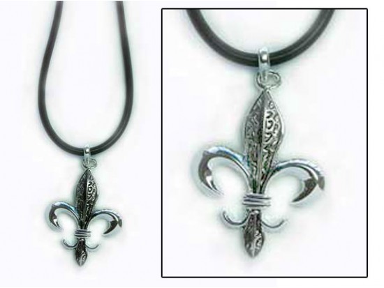 Antique Silver Decorative Fleur De Lis Pendant on Black Rubber Necklace