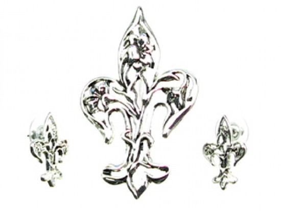 Antique Silver Open Floral Fleur De Lis Pendant Earring Set