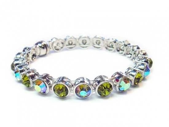 Olive Green Crystal Silver Metal Magnetic Bangle
