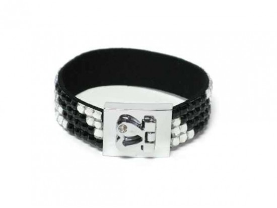 Clear and Jet Black Crystal Strap Bracelet With Silver Heart Clasp