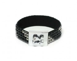 Hematite and Jet Black Crystal Strap Bracelet With Silver Heart Clasp