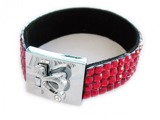 Light Siam Crystal Strap Bracelet With Silver Heart Clasp