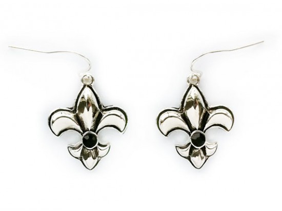 Silver Fleur De Lis Puffy Black Crystal Hook Earrings