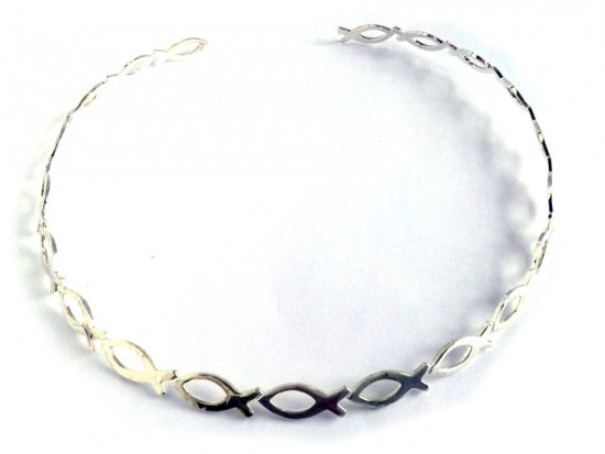 Silver Open Cut Icthuse Fish Flat Neck Cuff Choker