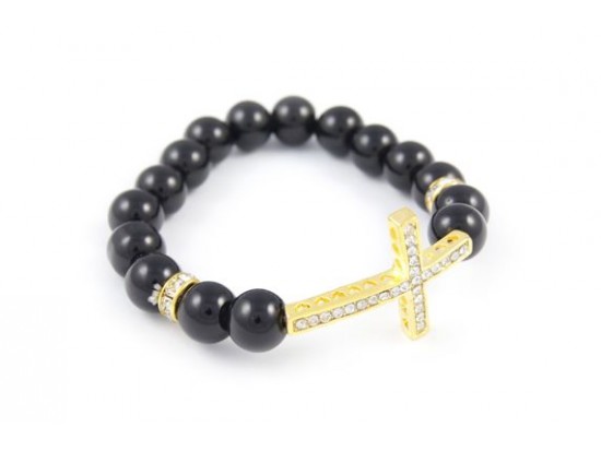 Clear Crystal Gold Curved Cross Black Bead Stretch Bracelet