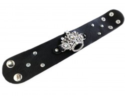 Clear AB Crystal Crown Black Leather Strap Bracelet